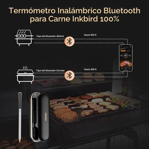 Vista 2 de INKBIRD Termómetro de carne inalámbrico, termómetro inteligente para carne Bluetooth, IP67 impermeable con caja recargable para parrilla al aire