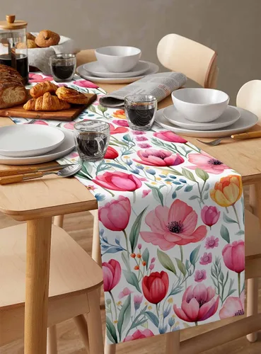 Vista 3 de Camino de mesa de primavera, decoración de mesa de tulipán de acuarela, decoración de mesa de temporada, hojas botánicas florales, bufandas