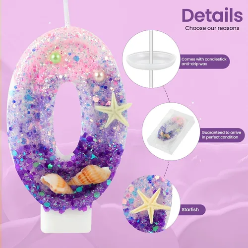 Vista 3 de Velas de cumpleaños, velas rosas y moradas del número 0 decoradas con caracolas, estrellas de mar y perlas para fiesta temática de sirena