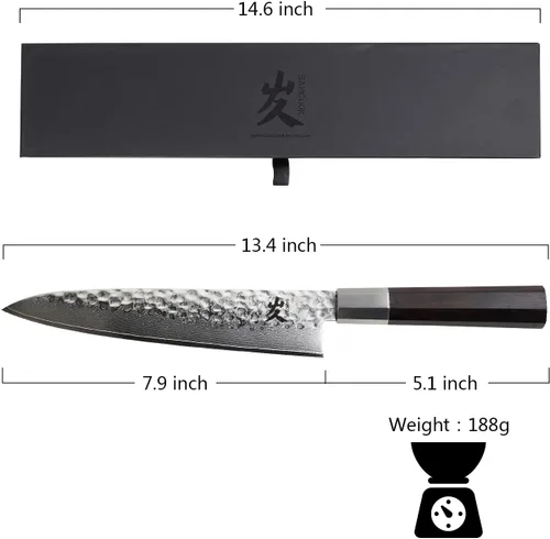 Vista 2 de SAMCOOK - Cuchillo de chef japonés – Cuchillo de cocina profesional de 8 pulgadas con acabado martillado de Damasco, cuchillo de cocina de acero