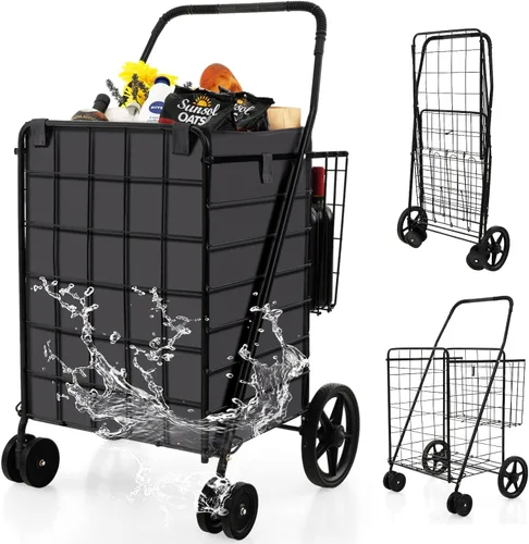Vista 11 de COSTWAY Carrito de compras plegable, carrito de comestibles de metal con cesta adicional Ruedas delanteras giratorias de 360° y mango cómodo, Negro