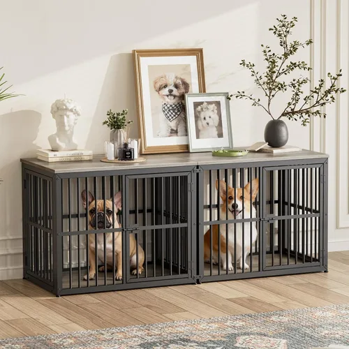 Vista 19 de Lyromix Mueble apilable para perros de 43 pulgadas, para razas grandes con habitaciones dobles, jaula de madera para perros, perrera resistente