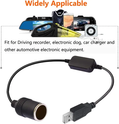 Vista 7 de USB A macho a 12 V para encendedor de cigarrillos de automóvil, cable convertidor de corriente hembra, apto para grabadora de conducción, perro