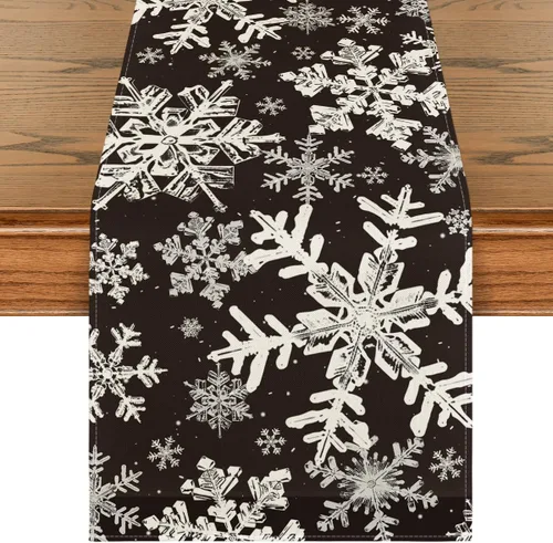 Vista 9 de Artoid Mode Camino de mesa de Navidad con copos de nieve azul marino, decoración de mesa de comedor para vacaciones de invierno, para decoración