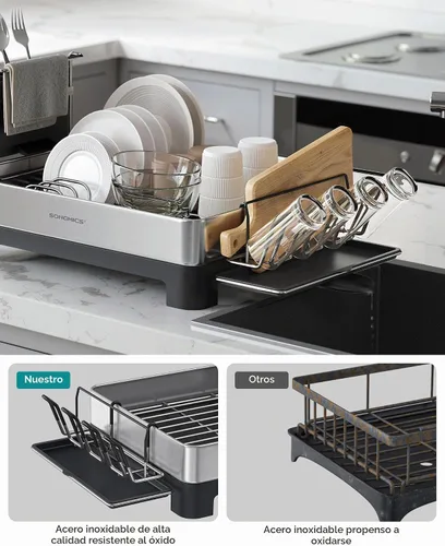 Vista 3 de SONGMICS Escurridor de platos, acero inoxidable, boquilla extensible Plata + Negro
