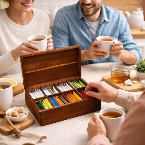 Vista 3 de Organizador de almacenamiento de bolsas de té de madera de alta calidad, caja de té con 8 compartimentos, elegante soporte para té para el hogar
