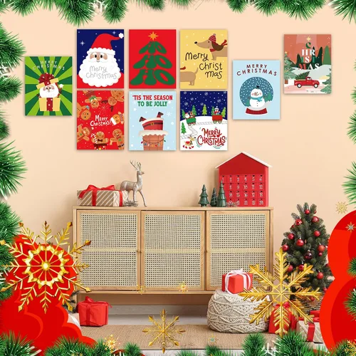 Vista 5 de AmazingSpark 9 pósteres navideños de papel de Papá Noel, con diseño de pan de jengibre, muñeco de nieve y alce, impresiones de pared de moda
