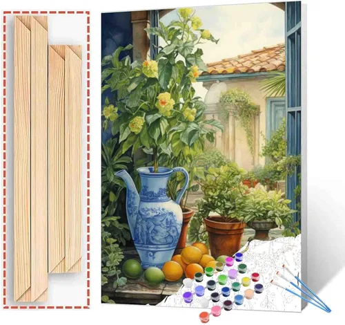 Vista 8 de Reloj de cocina de granja con limones, pintura al óleo por números, kit de pintura por números, lienzo de 16 x 20 pulgadas, pintura rústica, pintura