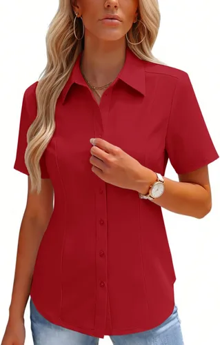 Vista 10 de HOTOUCH Camisas con botones para mujer, manga corta, elástica, sin arrugas, blusas formales de trabajo, blusas de verano, tallas S-2XL