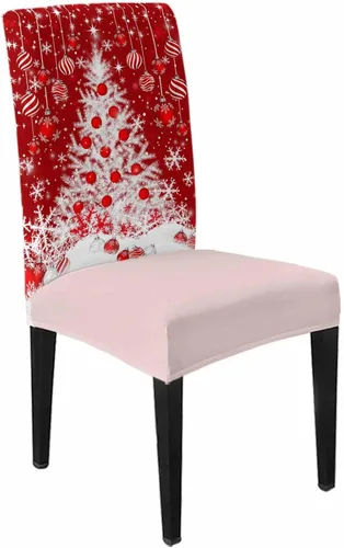 Vista 9 de Savannan - Juego de 4 fundas para sillas de árbol de Navidad, bolas de copos de nieve de color rojo invierno, fundas elásticas para sillas Parsons