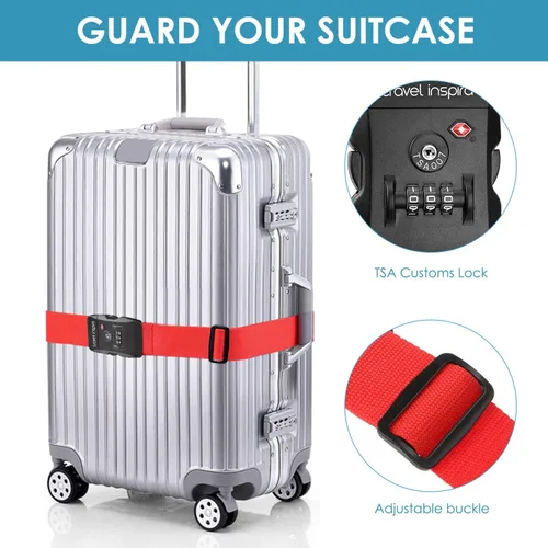 Vista 5 de Travel Inspira - Correa para equipaje con candado de combinación conforme a la TSA, ajustable, fácil de usar, protege tu equipaje - Rojo