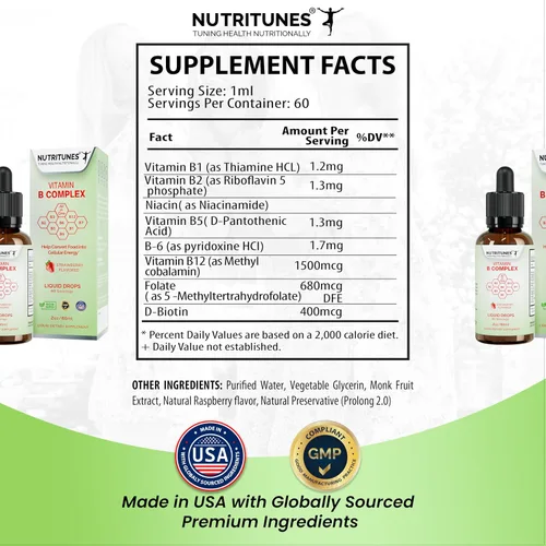 Vista 6 de Complejo Líquido de Vitamina B Fresa - 2 fl oz (2.0 fl oz) Features Liquid Drops, Strawberry Flavor, Methyl B12, Folate, and Easy-to-Use Formula