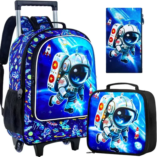 Vista 17 de Mochila rodante para niñas y niños, juego de 3 piezas con ruedas de diseño de unicornio o dinosaurio Dinosaurio astronauta.