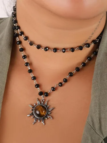Vista 2 de Sacina Gothic Emo Grunge Sun Choker, Black Bead Choker Necklace, Black Jewelry, Gothic Goth Necklace, Halloween Christmas Jewelry Gift for Women