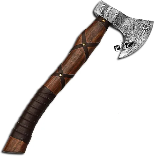 Vista 2 de AX-9436 - Hacha vikinga de acero de Damasco forjada para regalo personalizado de 18 pulgadas, con eje de madera de rosa, hacha de camping barbuda