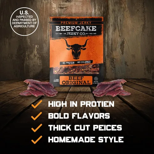 Vista 2 de Beefcake Jerky Ultimate Flavor Sampler (7-Paquete) - Variedad Gourmet de Carne Seca, 9g de Proteína, 80-100 Calorías, 2.7 Oz Cada Una - Snacks