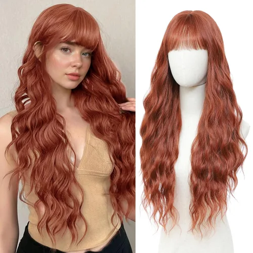 Vista 21 de Peluca larga de cobre para cosplay, peluca sintética de 26 pulgadas, parte media, regalos realistas, pelucas de fiesta para mujeres, uso diario