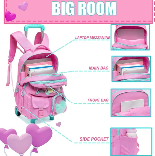 Vista 3 de Mochila con ruedas para niñas, mochila con ruedas, mochilas para primaria con lonchera y equipaje, Rosado, Estética