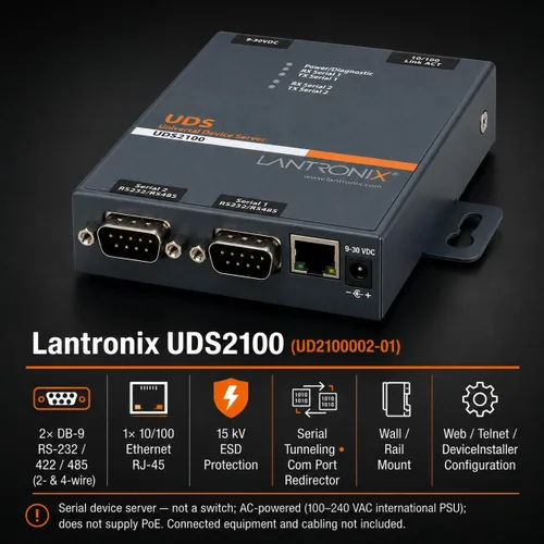 Vista 9 de Lantronix Servidor de dispositivos UDS1100/UDS2100 - Servidor de dispositivos serie a Ethernet de 1 o 2 puertos, RS-232/422/485, Ethernet 10/100