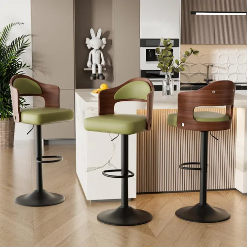 Vista 13 de Juego de 2 taburetes de bar giratorios, taburetes de bar de madera tapizados en cuero PU con respaldo y reposapiés, asiento de altura ajustable