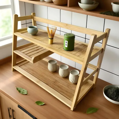 Vista 7 de Bamboo Matcha Station Organizer - Large Capacity 3-Tier Shelf Madera