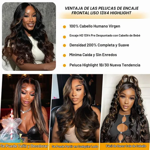 Vista 5 de Peluca de cabello humano ondulado con encaje frontal de 13 x 4, FB30, peluca de cabello humano con reflejos FB30, 200% de densidad, peluca balayage