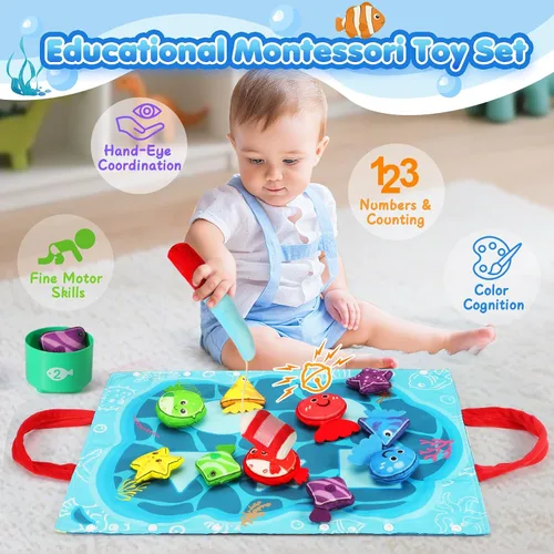 Vista 2 de Juguetes Montessori para niños de 1 año – Juego de pesca de tela para niños pequeños 17 en 1 con vasos apilables clasificación de colores, juguete