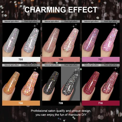Vista 3 de RARJSM Juego de esmaltes de uñas de gel con purpurina reflectante, 6 colores brillantes plateados, champán, dorado, rosa, naranja, negro, rojo