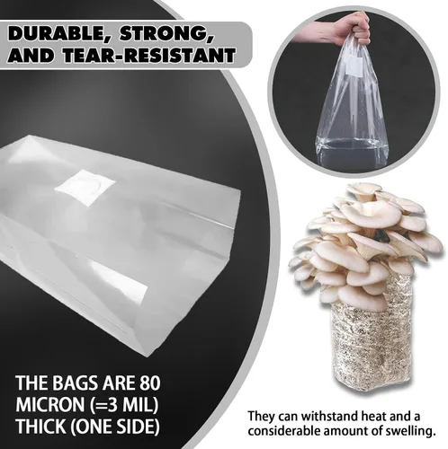 Vista 3 de TonGass Paquete de 60 bolsas de cultivo de hongos autoclave a granel con parches de filtro microporoso, grandes de 6 x 5 x 20 pulgadas