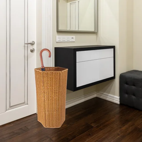 Vista 8 de Angoily Soporte de paraguas de ratán artificial con cubo de almacenamiento de gran capacidad y bandeja para paraguas interior para entrada