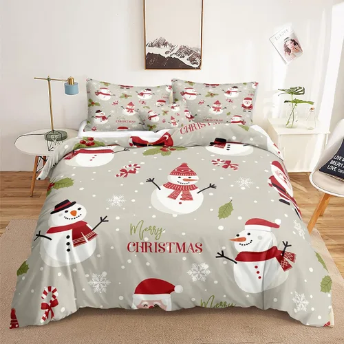 Vista 49 de Juego de ropa de cama de Navidad con funda de edredón de copos de nieve, color blanco y rojo, con estampado navideño, juego de ropa de cama festiva