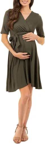 Vista 9 de Mother Bee Maternity - Vestido de maternidad de media manga, diseño cruzado de imitación con lazo frontal Coral