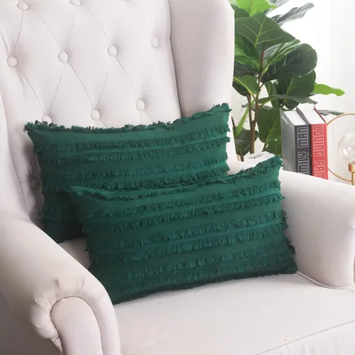 Vista 8 de GYROHOME Paquete de 2 fundas de almohada de algodón y lino, fundas de cojín decorativas, diseño de borlas, fundas de cojín modernas con flecos Beige