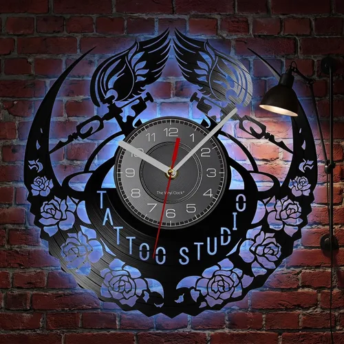Vista 3 de Reloj de pared de disco de vinilo de tatuaje, 7 LED de retroiluminación de Con LED