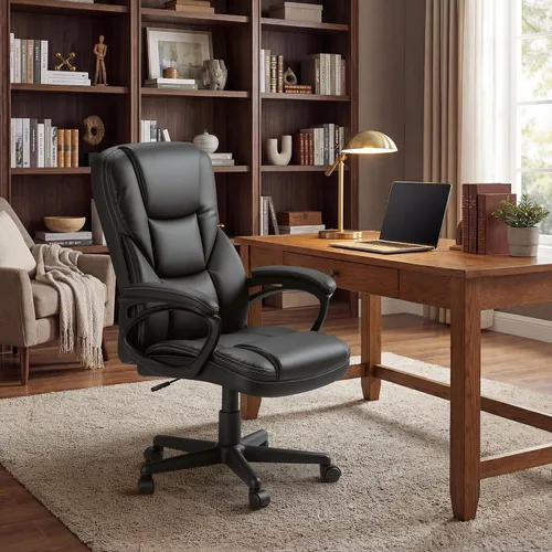 Vista 2 de Shahoo Silla de oficina ergonómica ajustable ejecutiva con reposabrazos abatibles, silla giratoria de piel sintética para computadora en casa Negro
