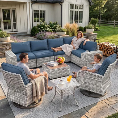 Vista 45 de Muebles de patio al aire libre conjunto PE mimbre ratán al aire libre sofá seccional Gris