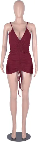 Vista 3 de Ekaliy Minivestido sexy sin mangas con cuello en V para mujer, color liso, fruncido, con tirantes delgados, para fiesta, club, color rojo vino