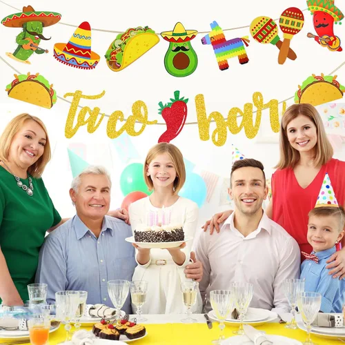 Vista 3 de Fiesta Taco Bar Banner Garland 2 juegos de fiesta mexicana fiesta bandera con cactus burro maraca sombrero taco pimienta para fiesta temática