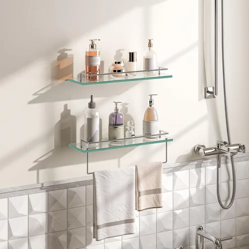 Vista 2 de HOOBRO Estantes de vidrio para baño, estante de vidrio flotante de 15.7 pulgadas para pared, juego de 2 soportes montados en la pared de acero