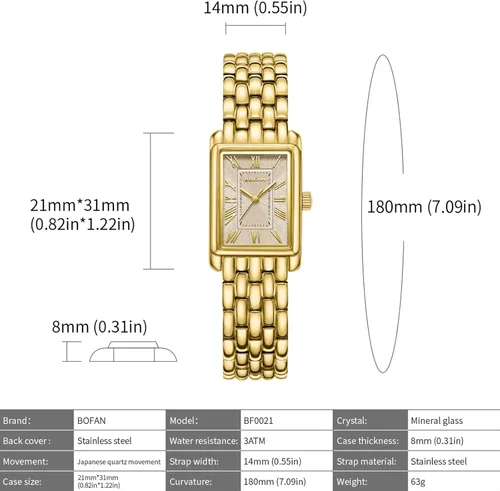 Vista 4 de BOFAN Relojes dorados para mujer con pulsera vintage, caja rectangular, esfera romana, herramienta de ajuste incluida, resistente al agua