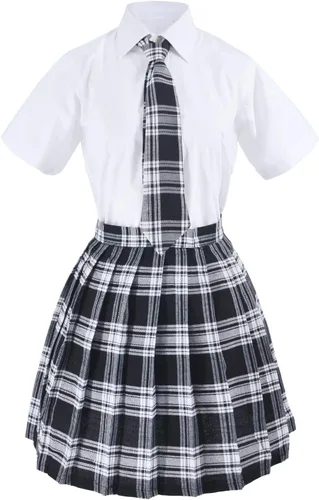 Vista 2 de Uniforme escolar japonés de tartán con falda plisada para cosplay con calcetines y set de montura de gafas
