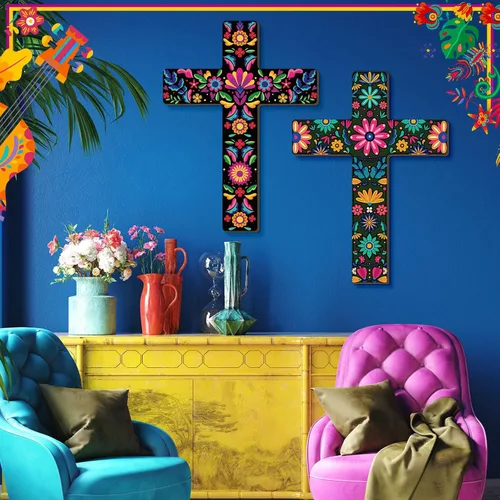 Vista 3 de Pinkunn 2 piezas de decoración de pared con cruz floral mexicana, arte de pared mexicano pintado a mano, decorativo, inspirador, cruz floral