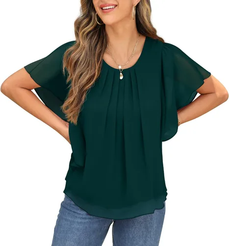 Vista 3 de QIXING Blusas de gasa con cuello redondo y cuello redondo de verano para mujer