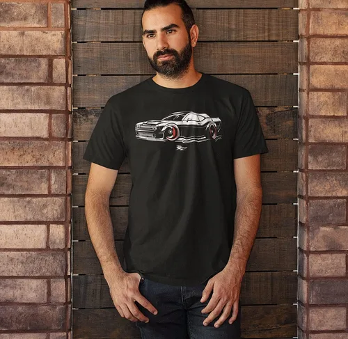 Vista 2 de Challenger estilizada impresión frontal, camiseta Muscle Car