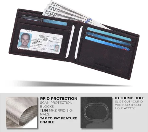 Vista 3 de Cartera de cuero hecha a mano real para hombre, hecha a mano, bloqueo RFID, billetera plegable de capacidad extra, Moca, Minimalista