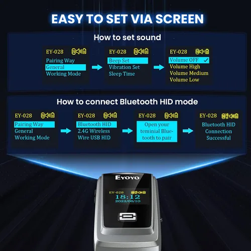 Vista 2 de Eyoyo Escáner de código QR con pantalla LCD, mini escáner de código de barras Bluetooth portátil, escáner de código de barras de libro inalámbrico