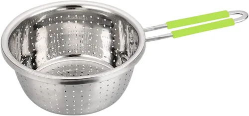 Vista 10 de Colador Profundo de Acero Inoxidable Microperforado de 2.5 Quart, Colador de Alimentos de Metal con Asas de Silicona Verde para Drenar Pasta