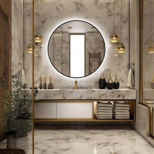 Vista 2 de Espejo de Baño LED Redondo de 24", Espejo de Tocador Retroiluminado Montado en Pared con Marco Biselado de 45°, Espejo Iluminado para Dormitorio