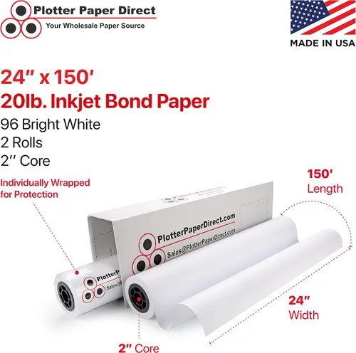 Vista 2 de Plotter Paper Direct Papel de trazador blanco sin recubrimiento de 24 pulgadas x 150 pies, 20 libras, núcleo de 2 pulgadas, blanco brillante 96