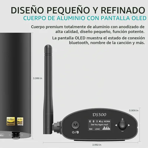 Vista 7 de 1Mii DS500 Receptor Bluetooth 5.3 de alta resolución, DAC audiófilo de 32 bits/384 kHz, LDAC sin pérdida y aptX HD, pantalla OLED, ecualizador